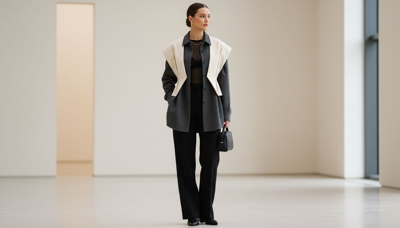 Девушка в многослойном образе: тонкий черный джерси-сетка, поверх которого надета шерстяная рубашка и укороченный жакет с архитектурными складками.