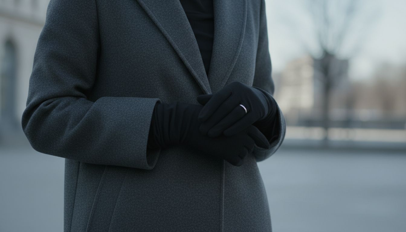 Женщина в длинных перчатках из тонкого черного шерстяного джерси, которые заходят под манжеты строгого пальто.