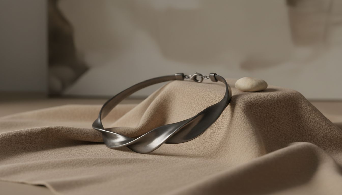 Стилизованный натюрморт: матовый чокер из черненого серебра, рядом с образцом бежевого кашемира.