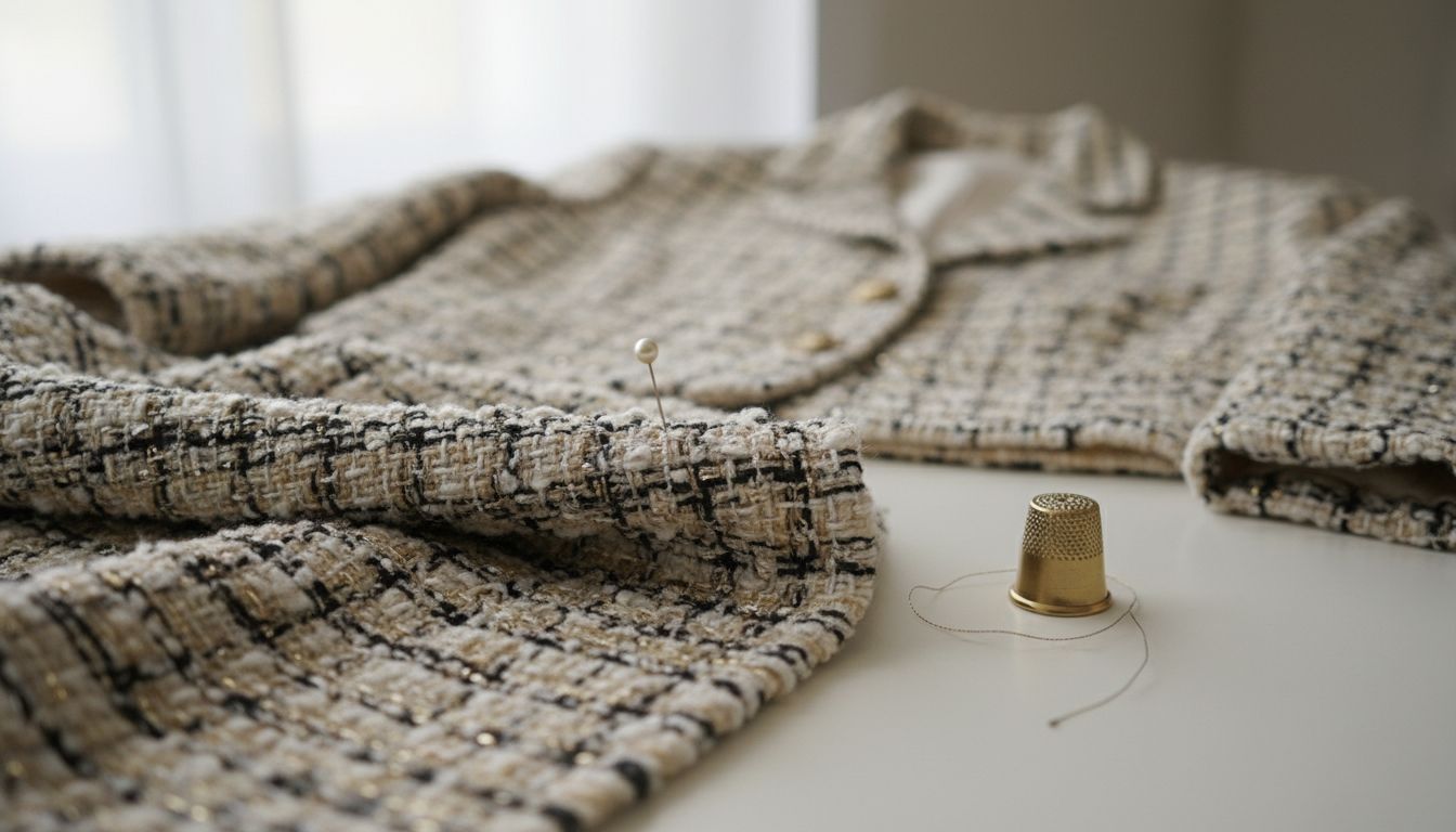 Детальный снимок текстуры плотного буклированного твида с металлизированными нитями, используемого для Жакет-Болеро.