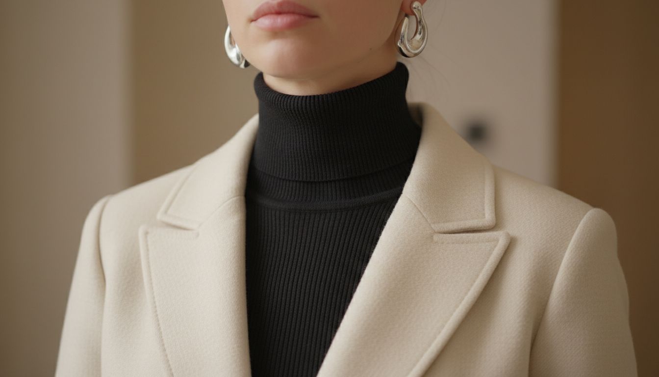 Крупный план скульптурных серег и тонкой водолазки, выглядывающей из-под воротника Жакет-Болеро, подчеркивающий линию ключиц.