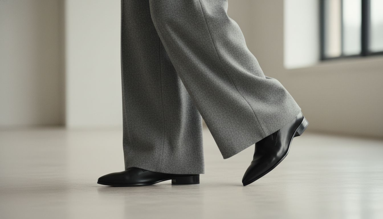 Детальный кадр: подол широких шерстяных брюк-палаццо, почти касающийся земли, из-под которого выглядывает только удлиненный, заостренный мыс черного лофера.