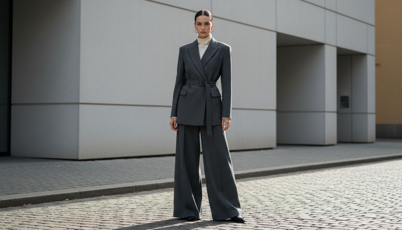 Модель в полный рост. На ней графитовый шерстяной брючный костюм с очень широкими палаццо и удлиненный жакет. Из-под брюк видны только острые кончики лоферов.