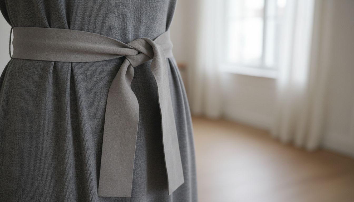 Крупный план, демонстрирующий мягкую текстуру замшевого пояса-оби, завязанного простым узлом поверх тонкого серого шерстяного платья-макси.