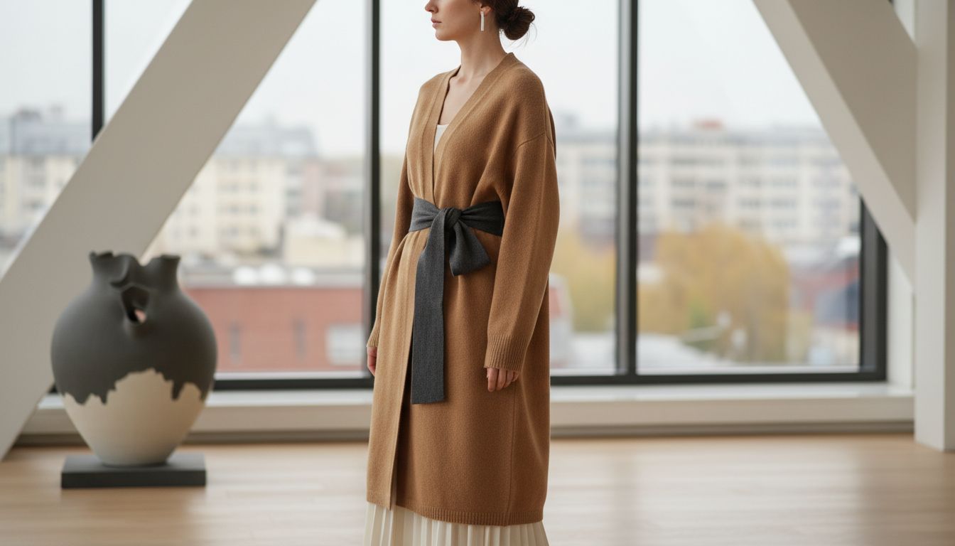 Стилизованный образ, где пояс-оби завязан сбоку в изящный бант, фиксируя талию поверх длинного шерстяного кардигана.