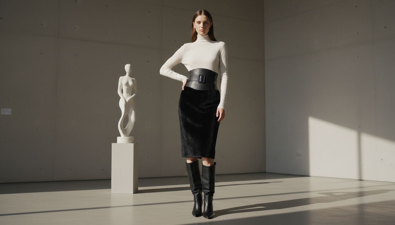 Стилизация: Черная каракулевая юбка-карандаш, заправленная в нее тонкая водолазка цвета слоновой кости, широкий скульптурный пояс-бандо и высокие сапоги-трубы.