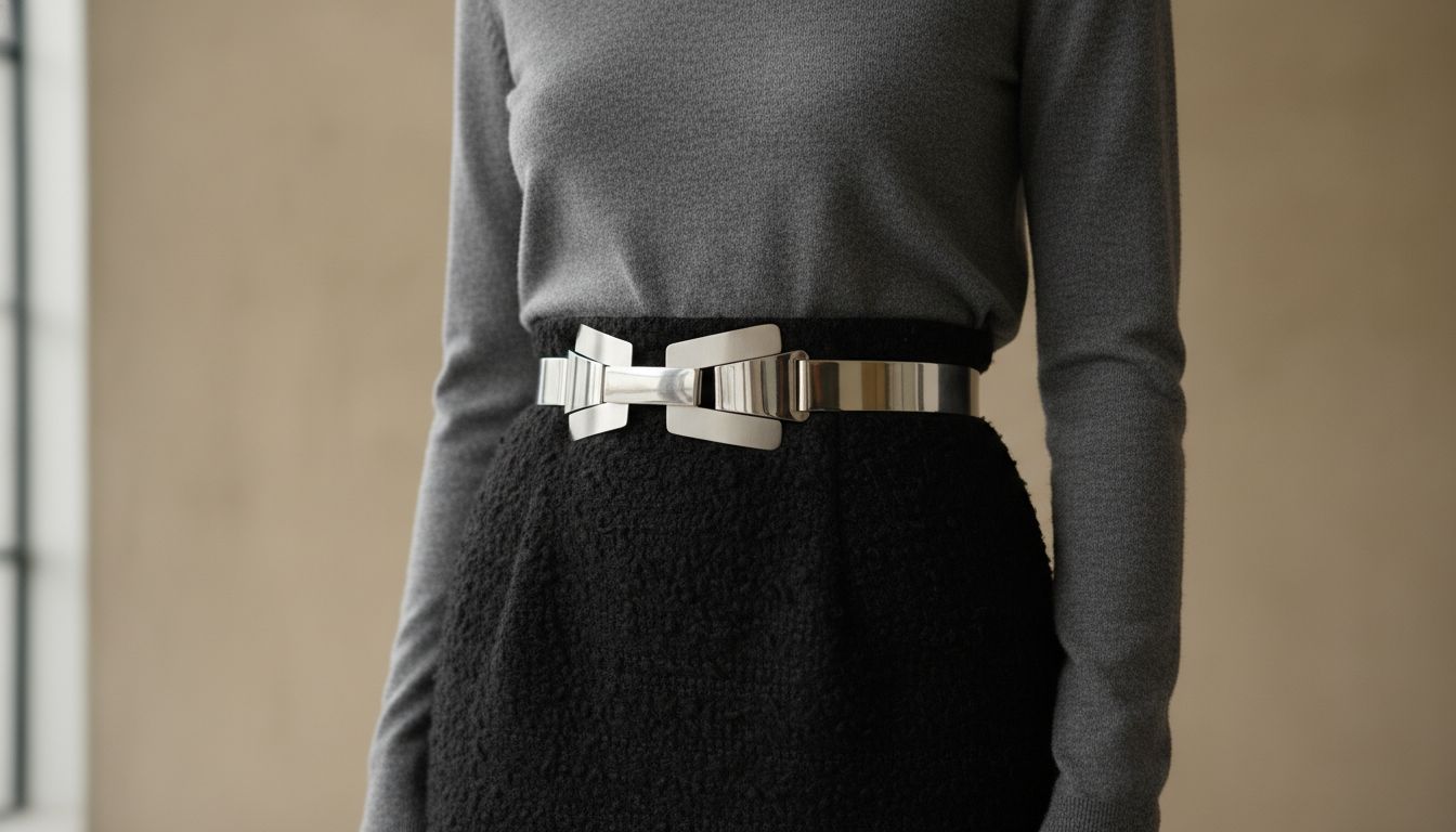 Деталь: Скульптурный металлический пояс, фиксирующий талию поверх тонкой водолазки и каракулевой юбки.