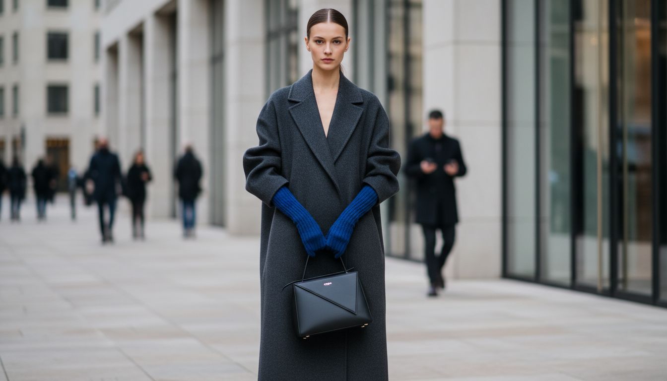 модель в оверсайз пальто графитового цвета, из рукавов которого видны длинные кобальтовые митенки, держащая в руках структурированную черную сумку.