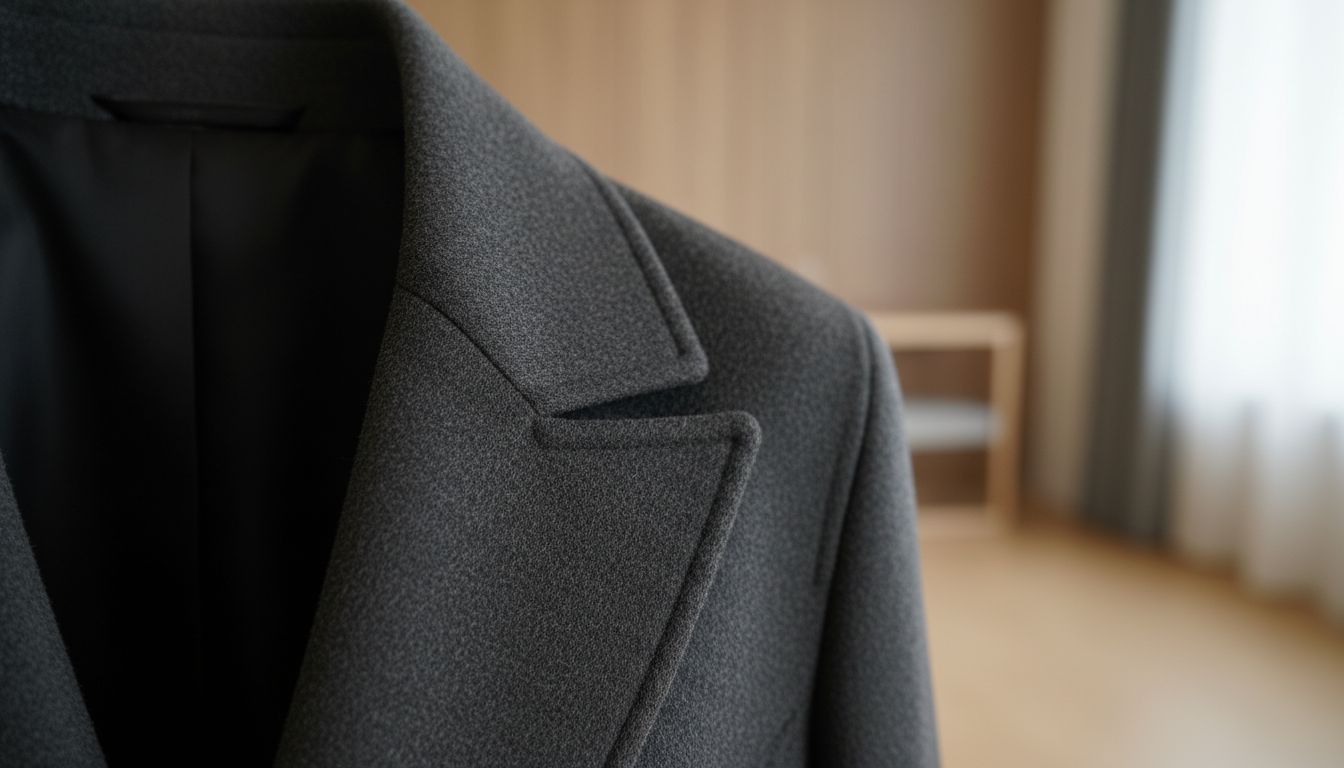 Крупный план воротника пальто, демонстрирующий плотность шерсти и идеальную фиксацию угла лацкана.