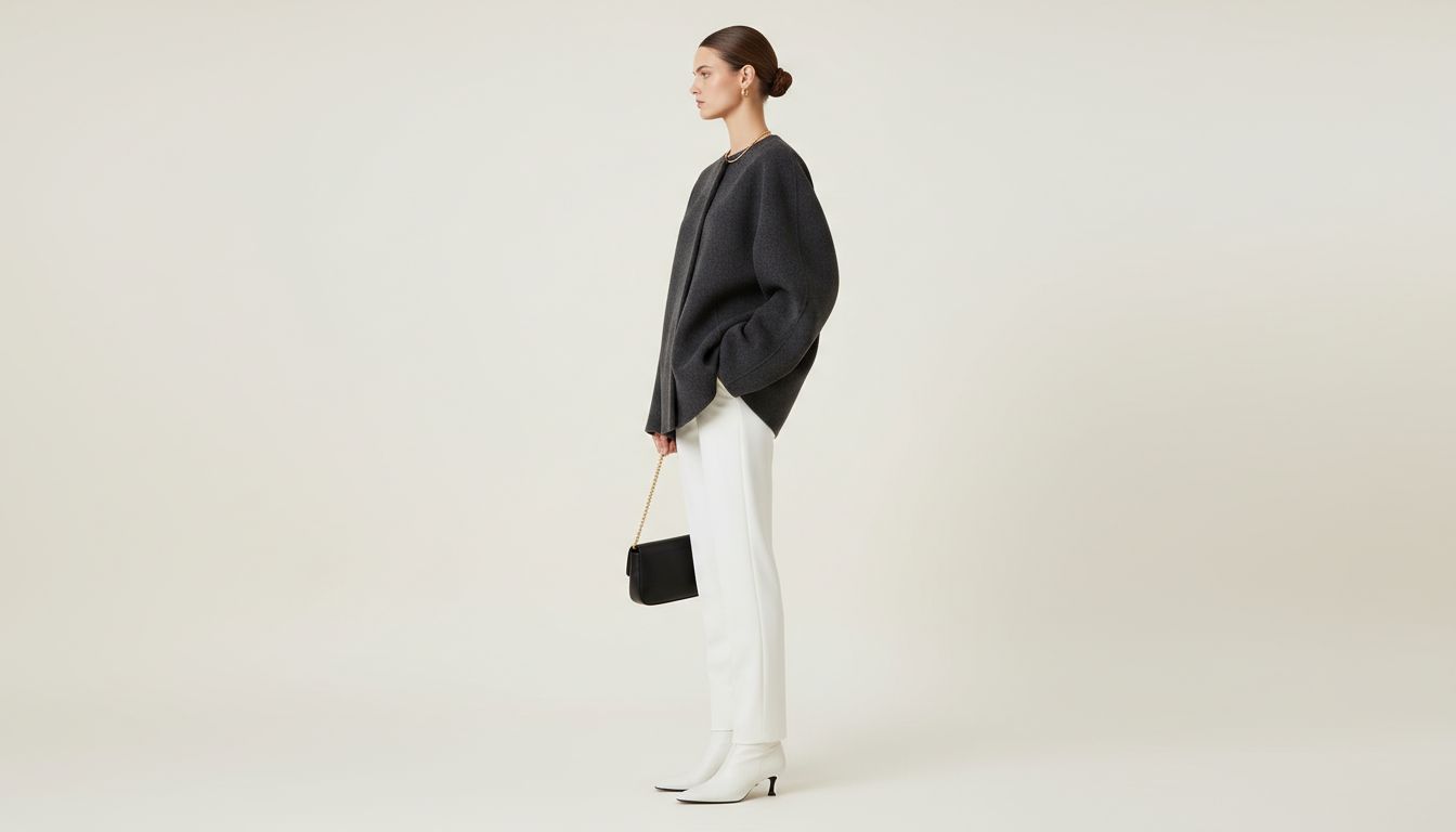 Модель стоит боком, демонстрируя контраст между широким, объемным плечом пальто и узкой, прямой линией брюк-сигарет.