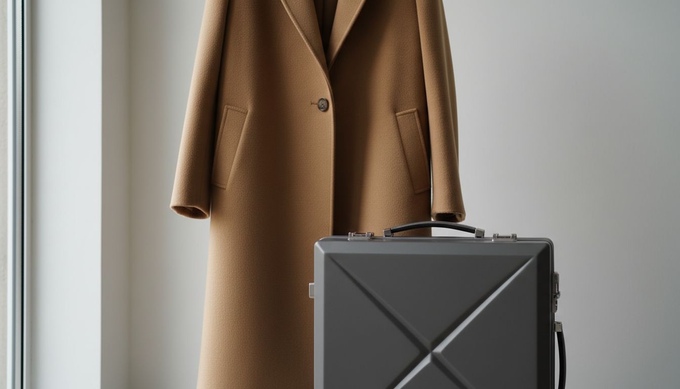 Детализация: жесткая сумка-кофр на фоне шерстяного пальто, подчеркивающая геометрическую строгость образа.
