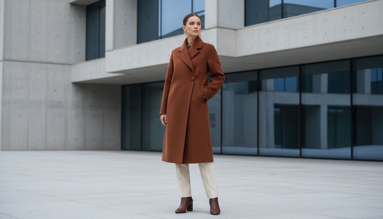 Женщина в пальто цвета матового каштана с диагональным перехлестом, стоящая на фоне современного здания с четкими линиями.