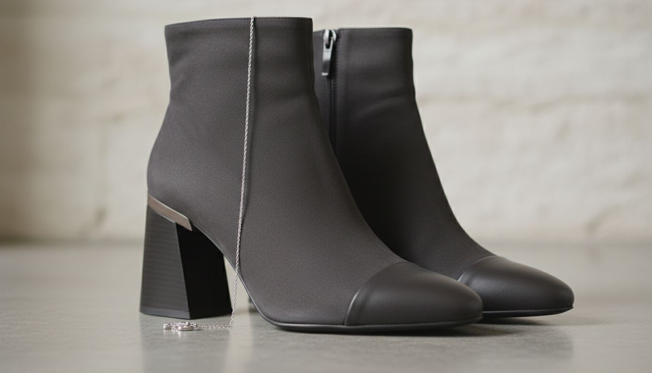 Ботильоны с каблуком-трапецией, снятые крупным планом, демонстрирующие матовую, гладкую текстуру каблука и жесткую форму мыса.