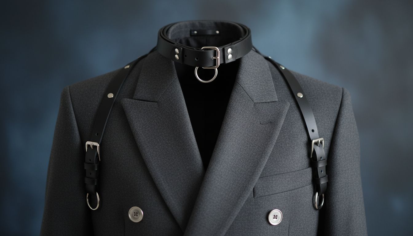 Детальный снимок жесткой портупеи из матовой черной кожи с металлической фурнитурой, надетой на воротник и плечи двубортного блейзера.