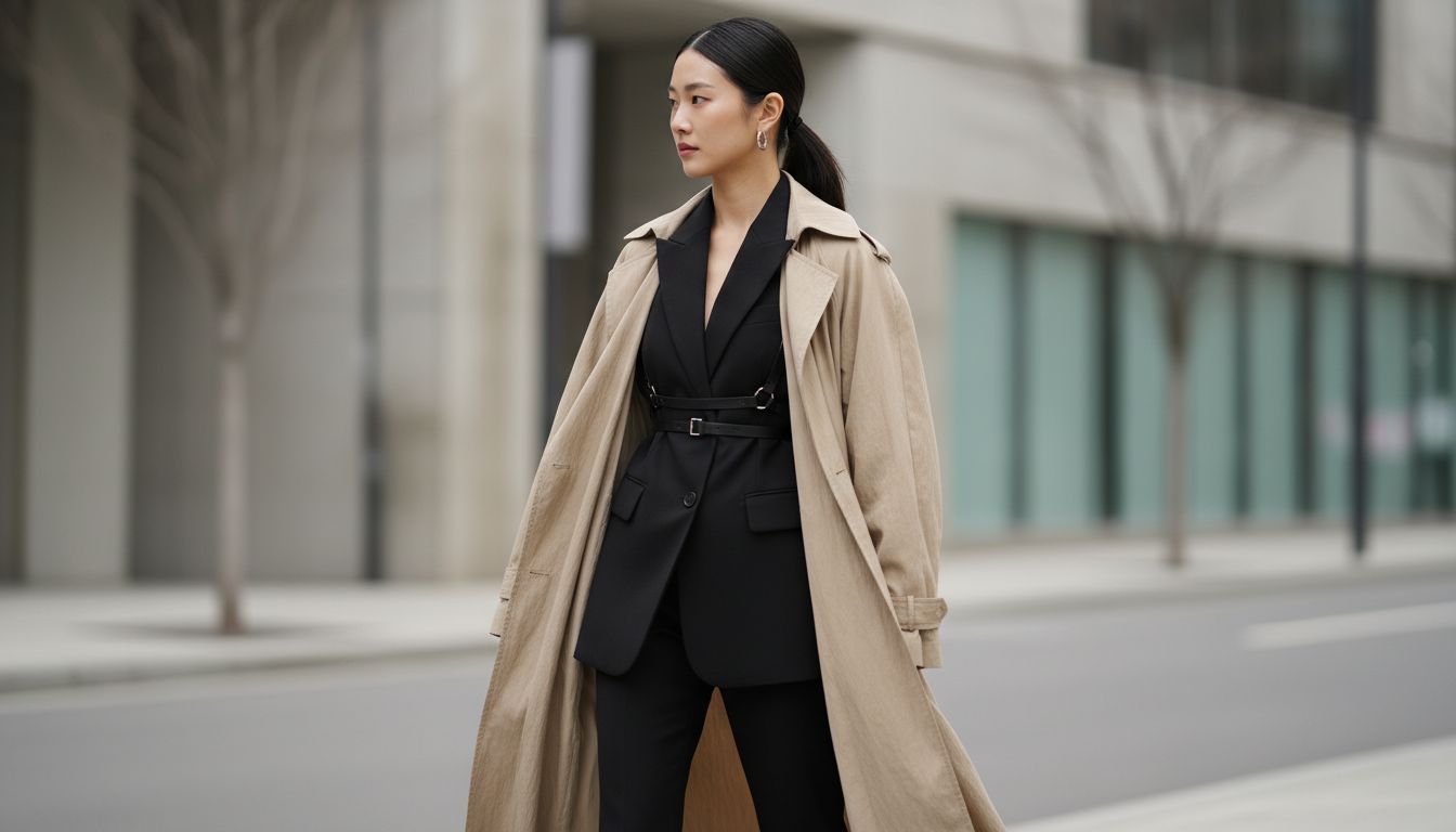 Стилизованный образ: женщина в длинном бежевом оверсайз-пальто, под которым виден черный блейзер с тонкой портупеей. Акцент на вертикали и слоях.