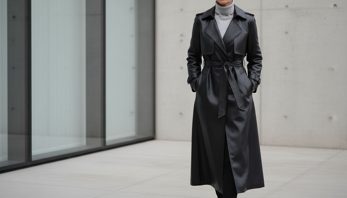 Комплект: Глянцевый черный макси-тренч, завязанный на талии, и оверсайз-водолазка из светло-серого кашемира, выглядывающая из-под воротника.