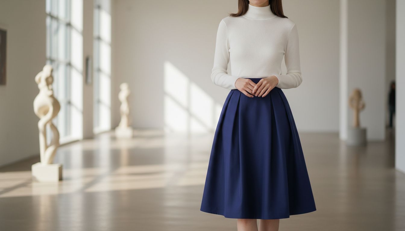 Стильный образ с юбкой-тюльпан насыщенного матового индиго, заправленной белой тонкой водолазкой, с акцентом на тонкой талии.