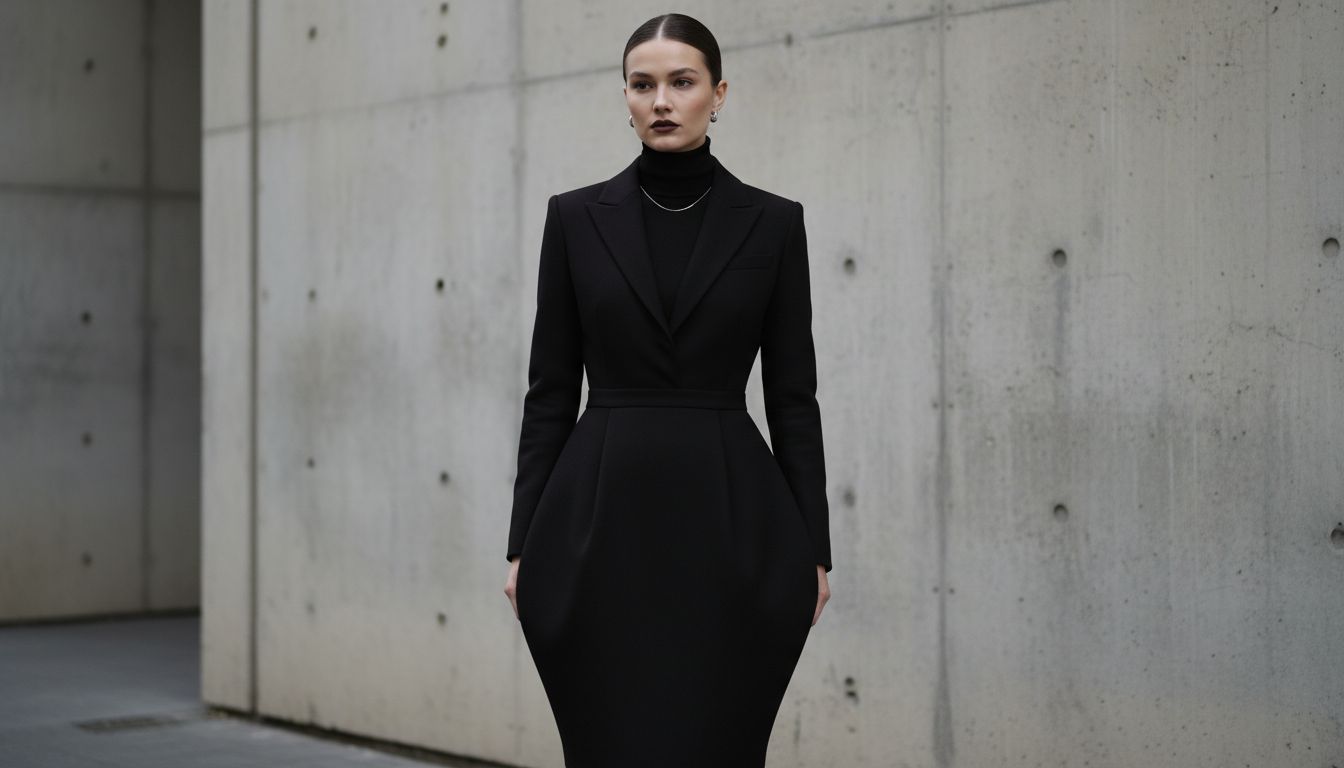 Финальный образ: женщина в полностью монохромном черном шерстяном костюме с юбкой-тюльпан и гладкой водолазкой, стоящая на фоне бетонной стены.