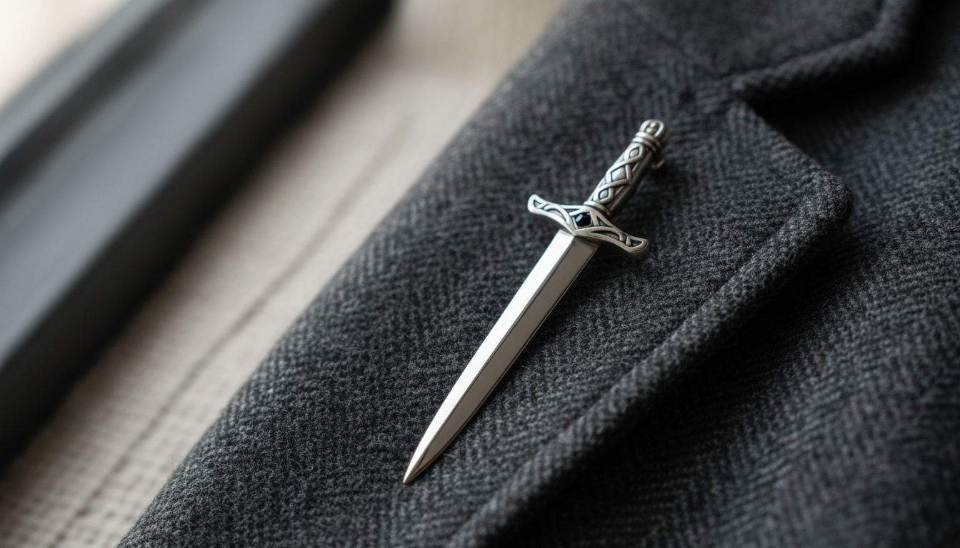 Серебряная брошь-кинжал с отполированной поверхностью, приколотая на стыке воротника и лацкана шерстяного жакета цвета графит.