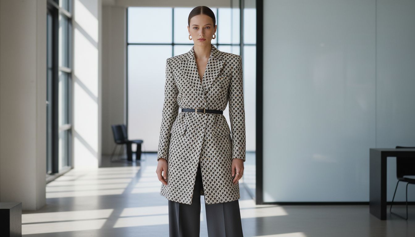Женщина в удлиненном жакете из геометрического жаккарда, подчеркнутом тонким поясом, с широкими брюками. Видна идеальная фиксация линии плеча.