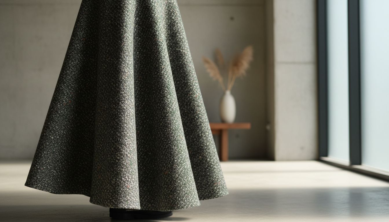 Детальный снимок плотной шерстяной ткани юбки-макси, демонстрирующий жесткость материала и четкость кроя.