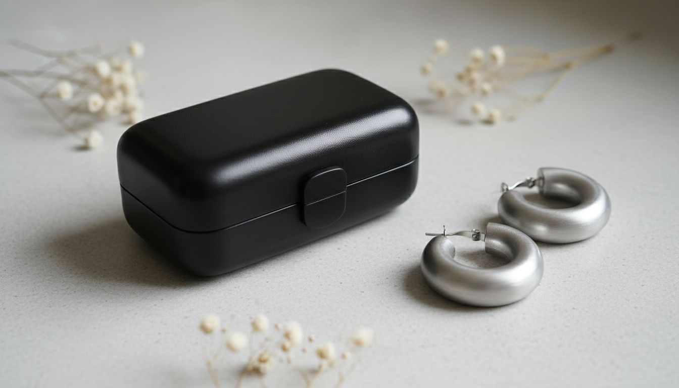 Аксессуары - жесткая сумка-кофр в черной коже и массивные матовые серебряные серьги-кольца.