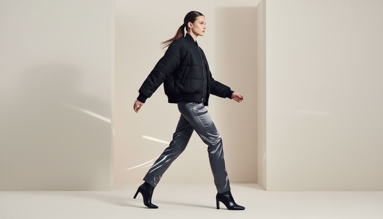 Модель в движении, демонстрирующая, как глянцевый технический атлас брюк отражает свет и контрастирует с матовой поверхностью стеганого бомбера.