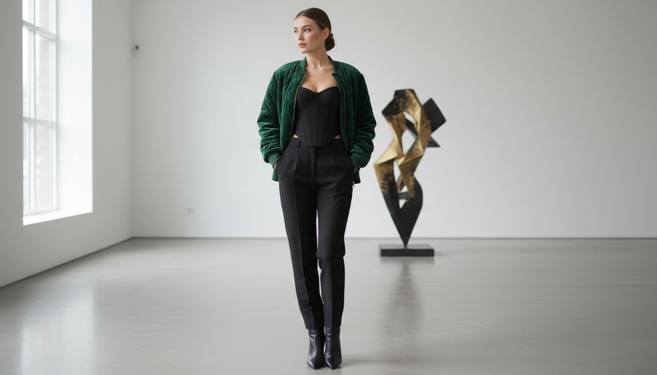 Образ, где бомбер из стеганого бархата расстегнут, открывая строгий корсетный топ, что подчеркивает контраст между внешней защитой и внутренней структурой.