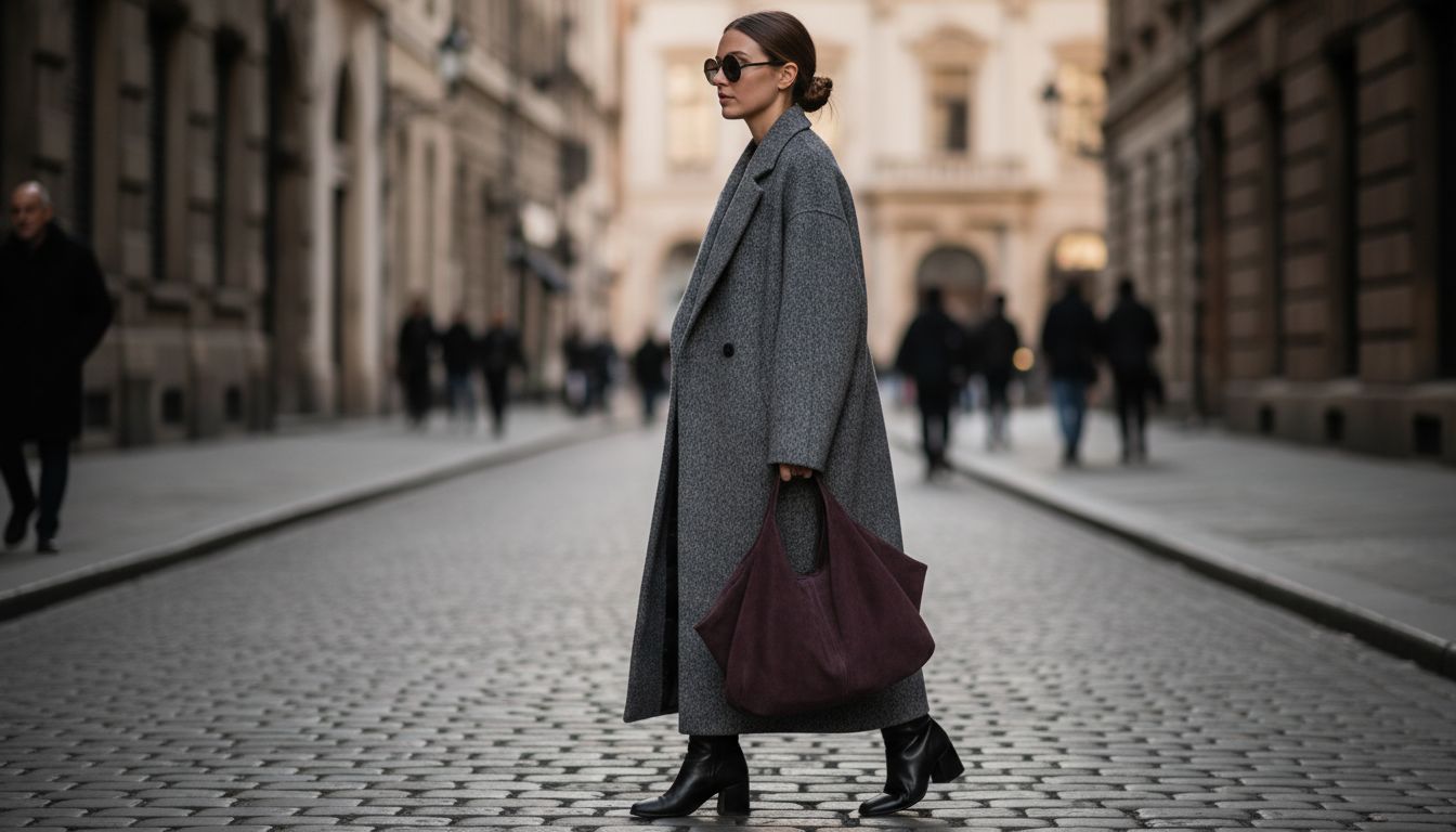 Модель в оверсайз пальто из серого меланжа, держащая объемный замшевый шоппер Deep Matte Aubergine.