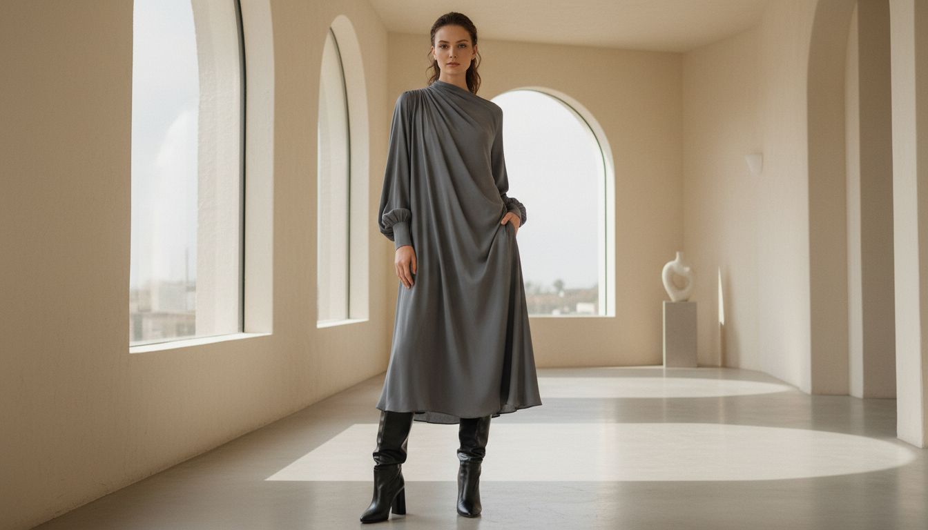 Модель в плотном, струящемся платье-миди графитового цвета, спускающемся до середины икры, и черных сапогах-трубах с наклонным цилиндрическим каблуком.