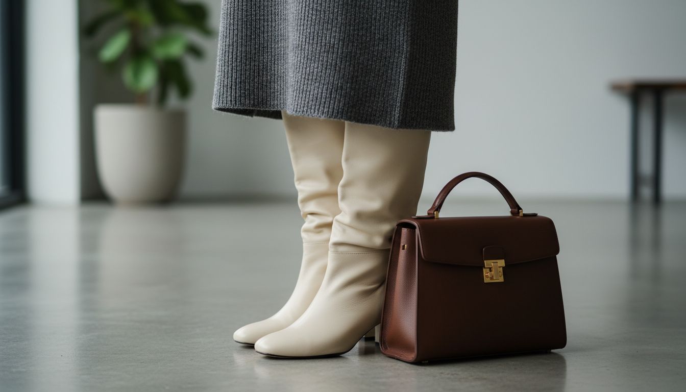 Деталь: крупный план на сапог-трубу и подол шерстяного платья, рядом - жесткая сумка-кофр.