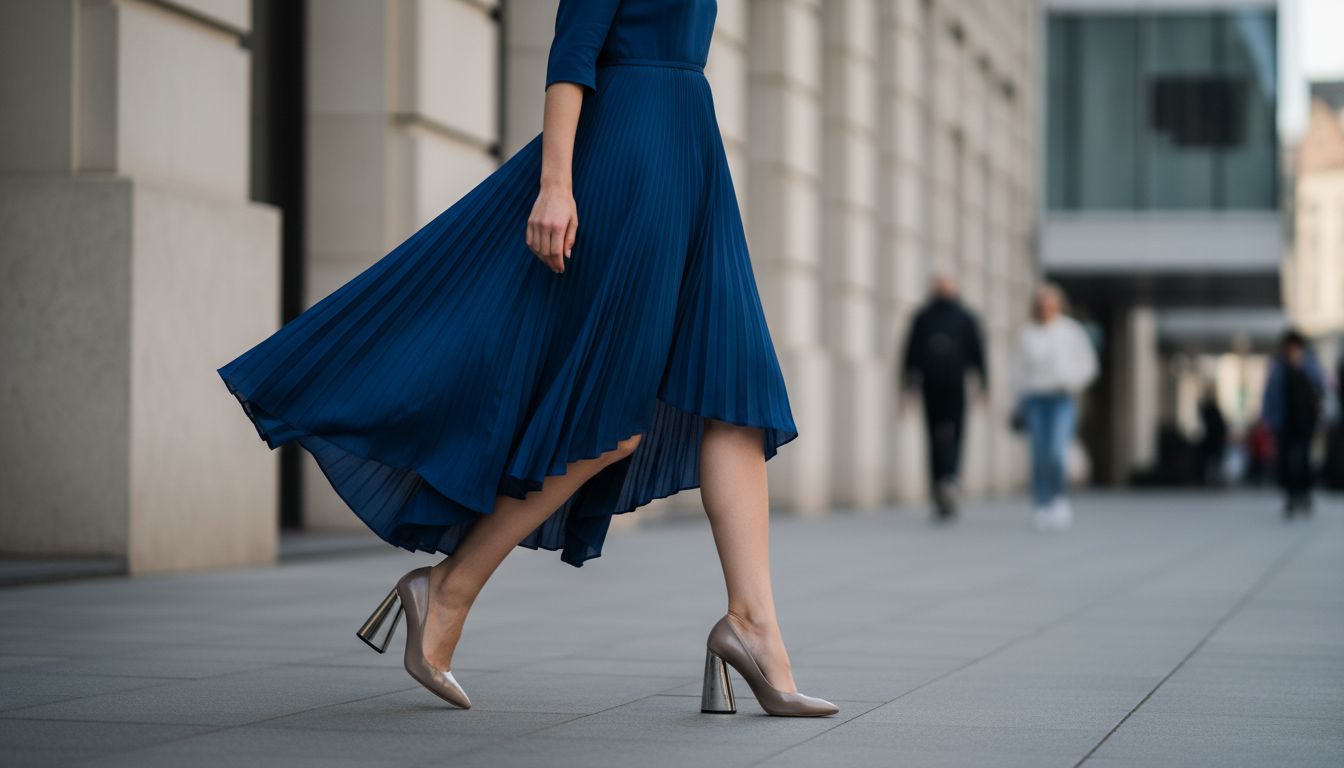 Образ в движении: Женщина уверенно шагает, демонстрируя динамику каблука-наклонного цилиндра и струящийся подол платья.