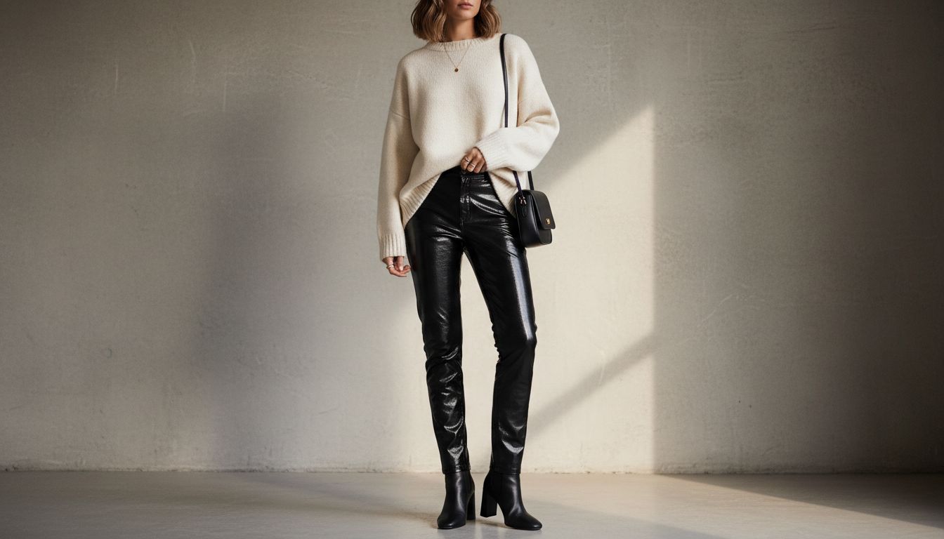 Образ, демонстрирующий сочетание черных виниловых брюк, кремового свитера оверсайз и матовых черных ботильонов с геометрическим каблуком.