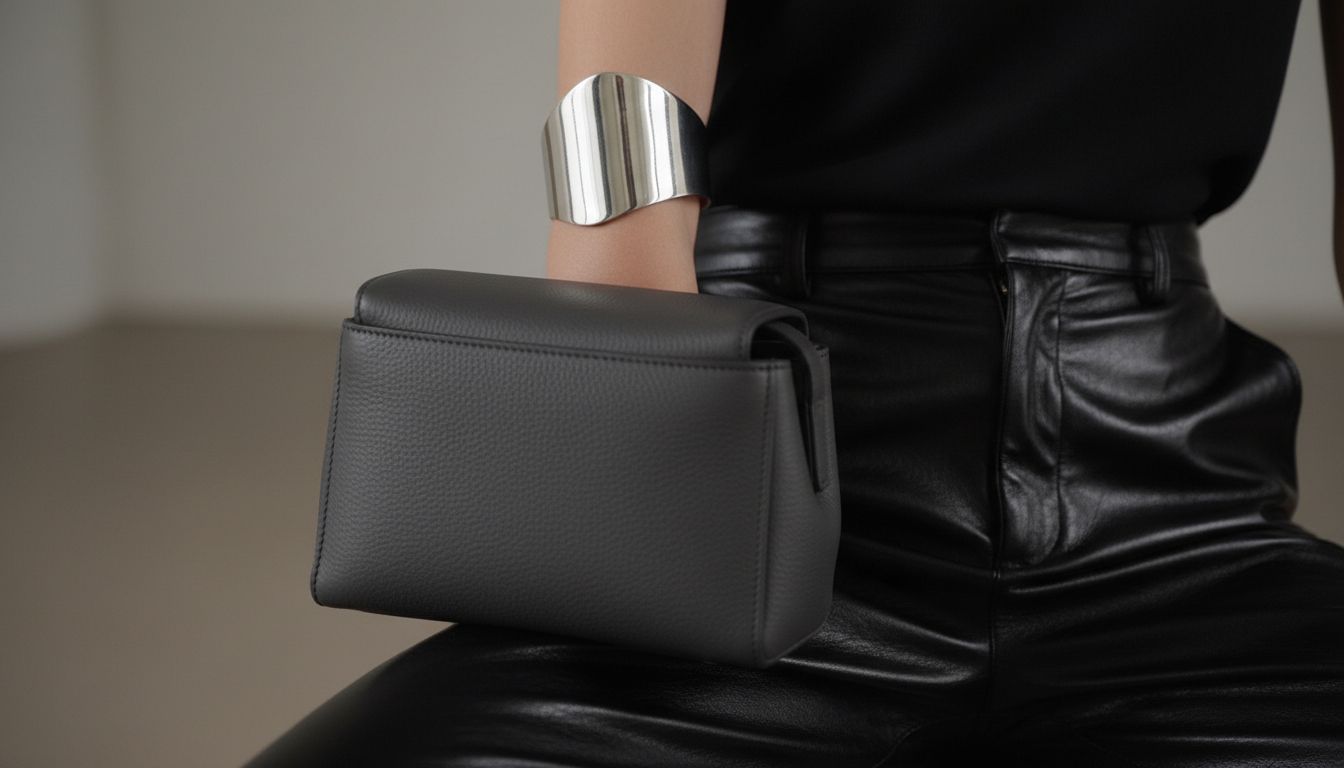 Деталь - крупная скульптурная моно-каффа на ухе и матовая сумка-кофр на фоне виниловых брюк.