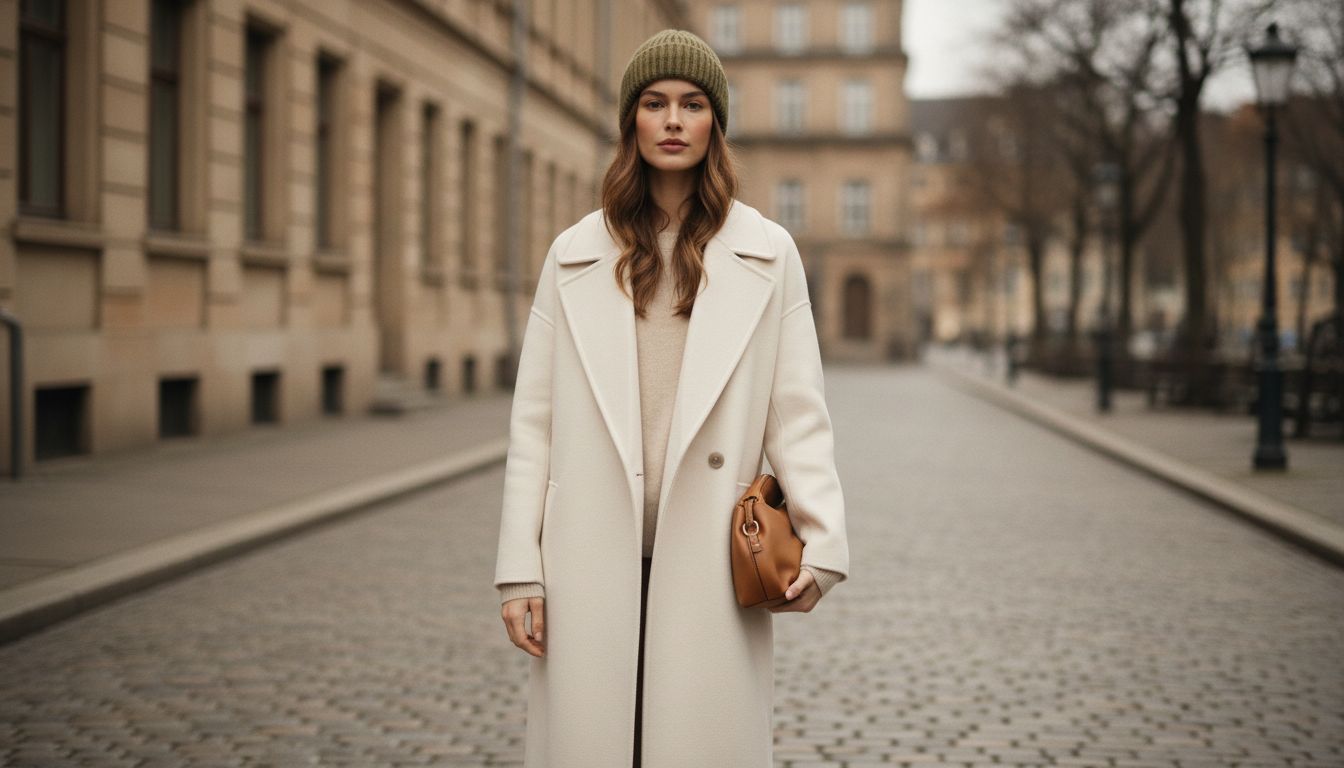 Модель в длинном молочном шерстяном пальто, с акцентной бини цвета оливы и минималистичным макияжем.