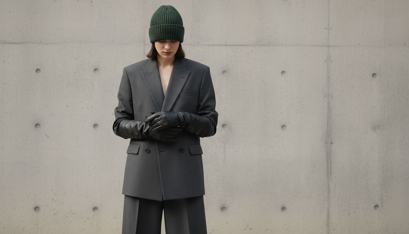 Стилизация, где бини цвета лесного мха сочетается с плотным графитовым костюмом и черными кожаными перчатками-рукавами.