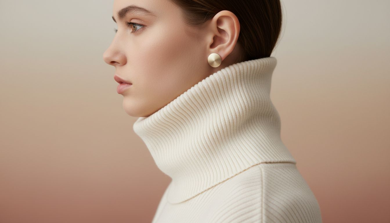 Девушка в профиль, демонстрирующая взаимодействие высокого воротника-хомута и маленькой, но заметной серьги-гвоздика из матового золота.