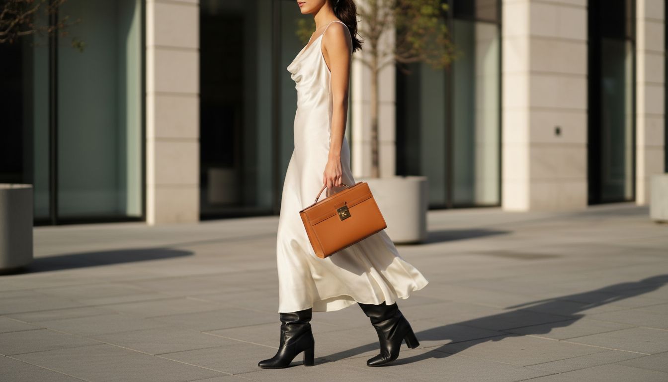 Женщина в платье-макси с воротником-хомутом, идущая по городу, в руках у нее жесткая сумка-кофр, а на ногах сапоги-трубы на устойчивом каблуке.