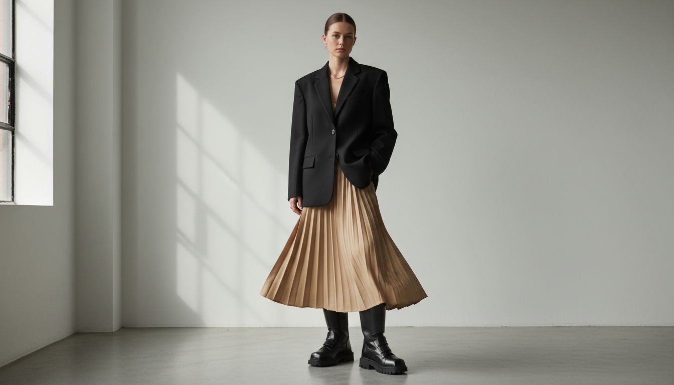 Стилизованный образ: женщина в черных сапогах-броне, коротком шерстяном блейзере и длинной бежевой юбке-плиссе. Контраст объемов и текстур.
