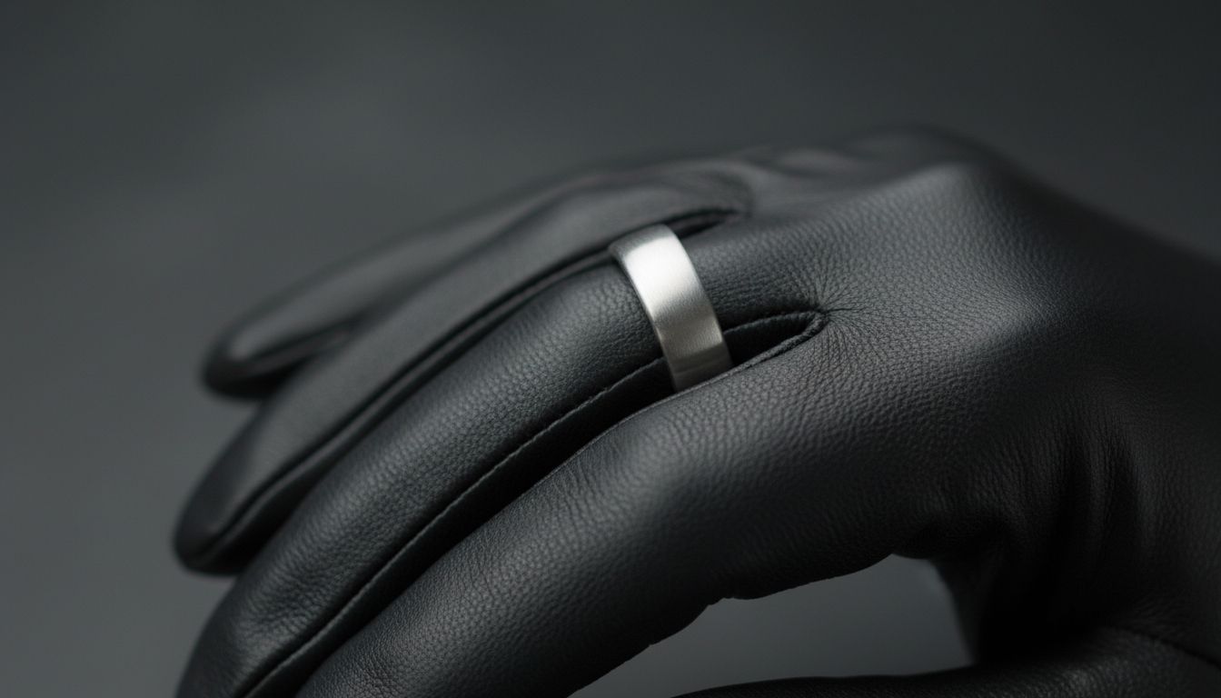 Крупный план серебряного кольца-цилиндра, надетого на сустав указательного пальца поверх матовой черной кожи перчатки.