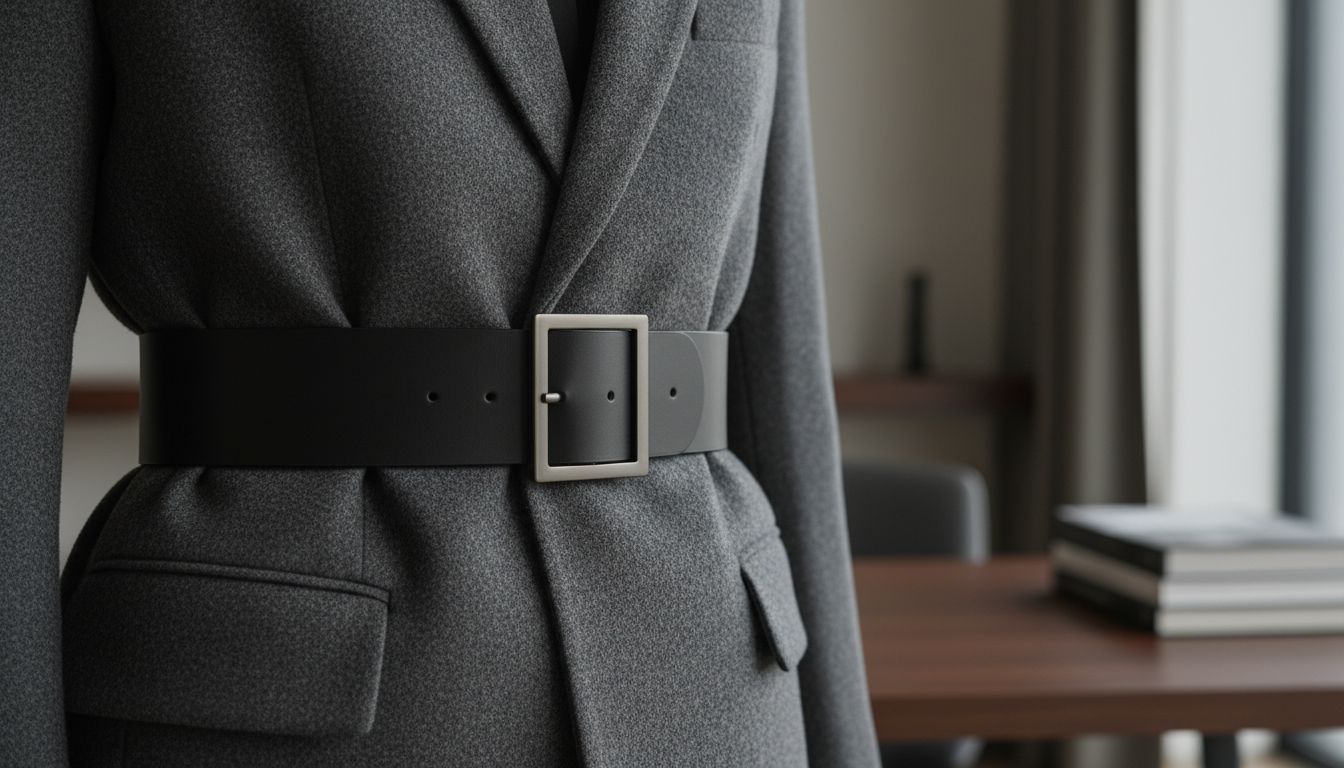 Крупный план на матовый черный кожаный пояс шириной 15 см с минималистичной прямоугольной пряжкой, затянутый поверх плотного шерстяного блейзера.