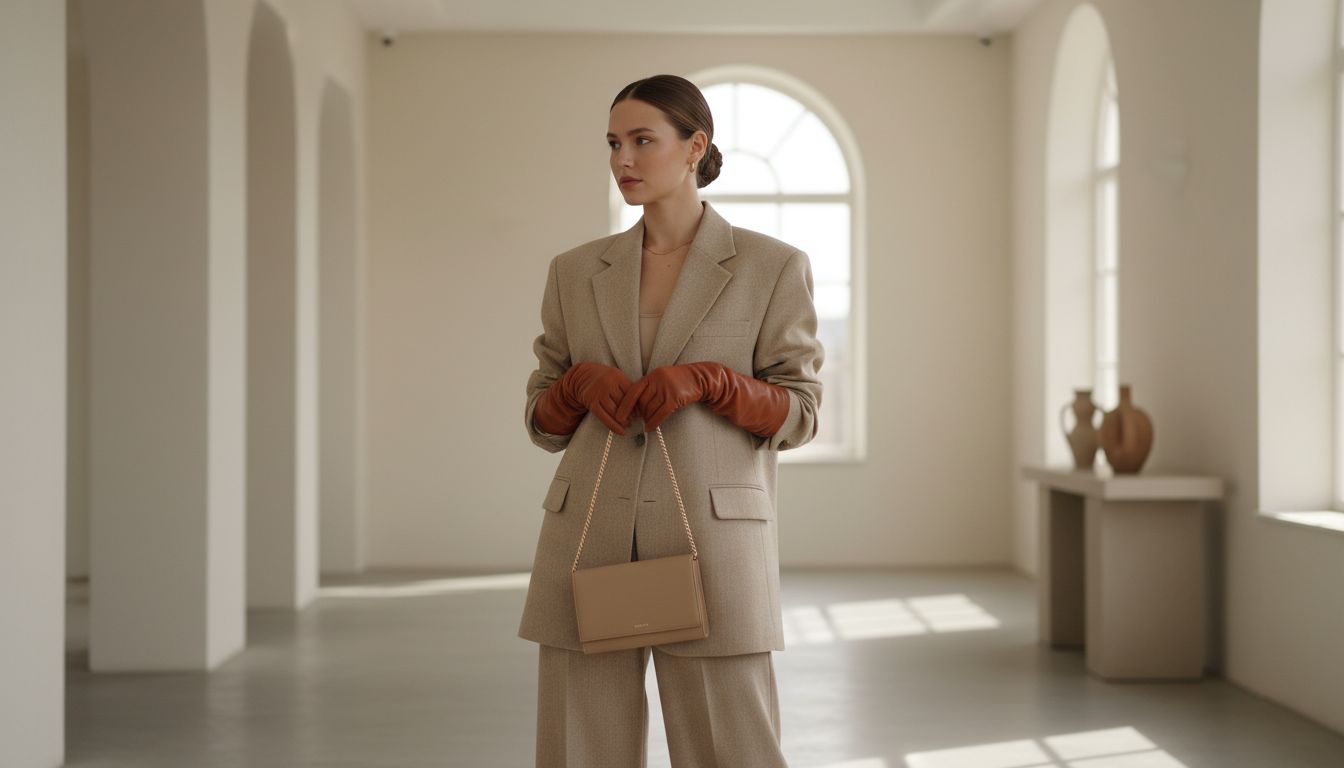 Женщина в бежевом шерстяном костюме-двойке, держащая в руках длинные перчатки из терракотовой кожи и минималистичную сумку-кофр.