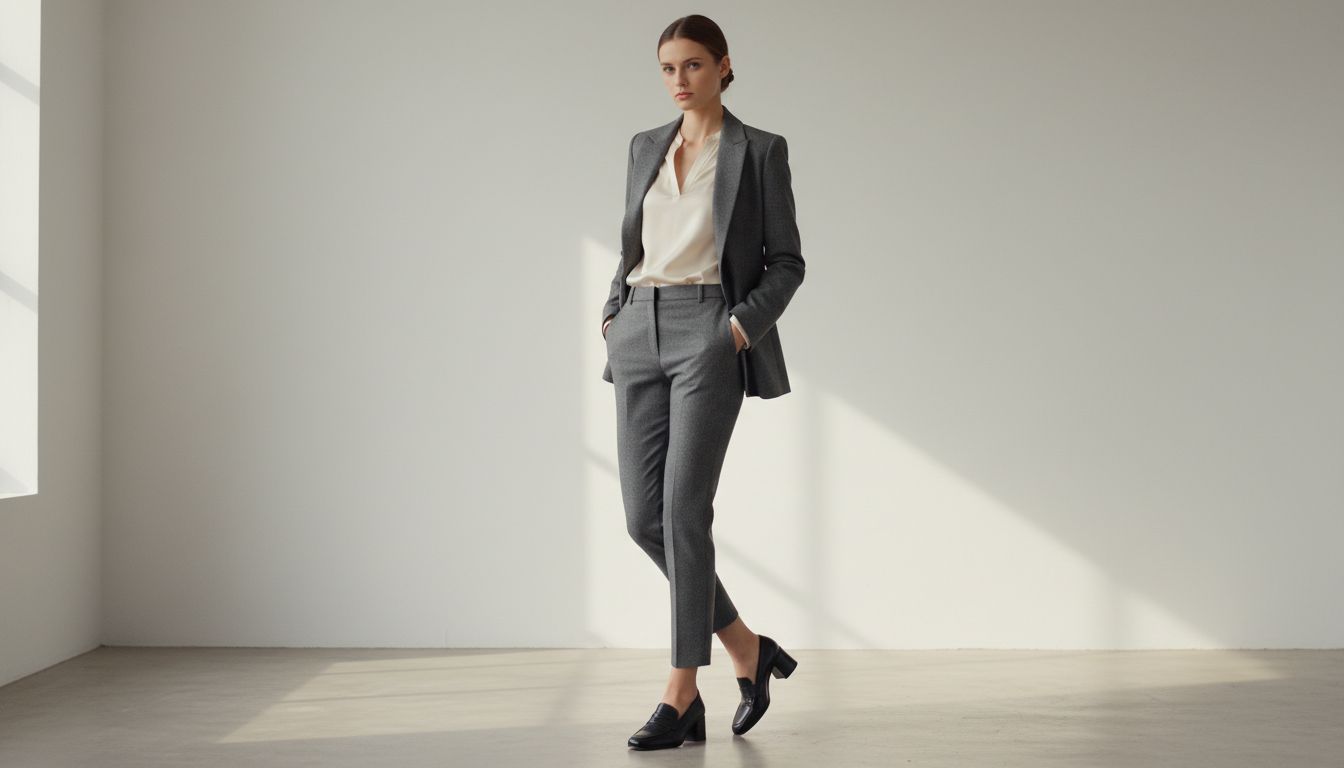 Модель в узких шерстяных брюках 7/8 и лоферах с каблуком-консолью, демонстрирующая чистый срез брючины над обувью.