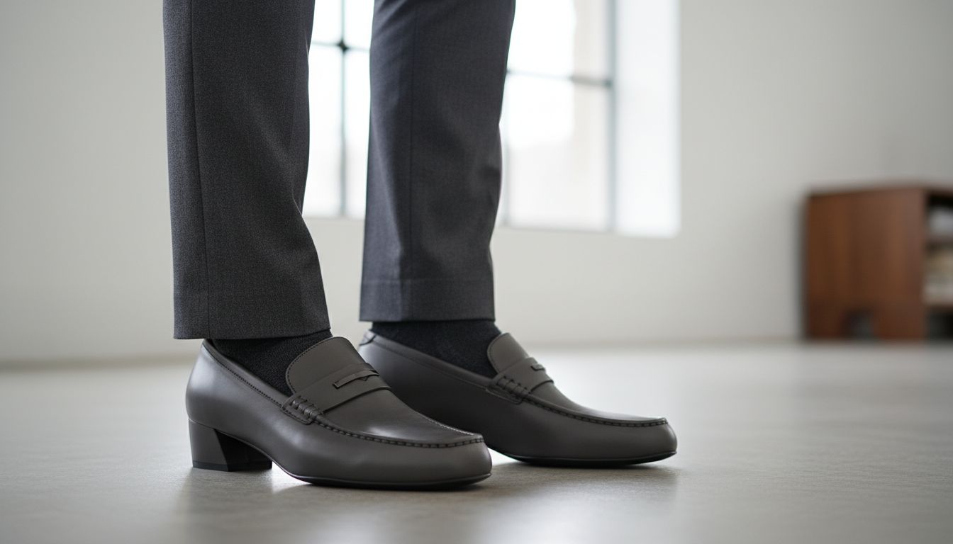 Крупный план лоферов из матовой кожи цвета графита с каблуком-консолью и узкими брюками.