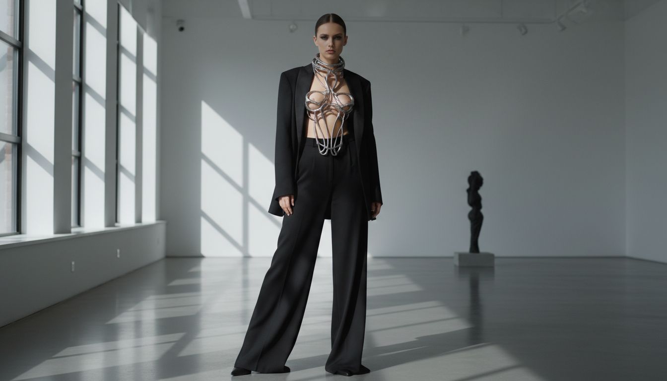Модель в полностью черном костюме (брюки-палаццо и оверсайз-жакет) с серебряным жестким колье-корсетом, который является единственным акцентом.