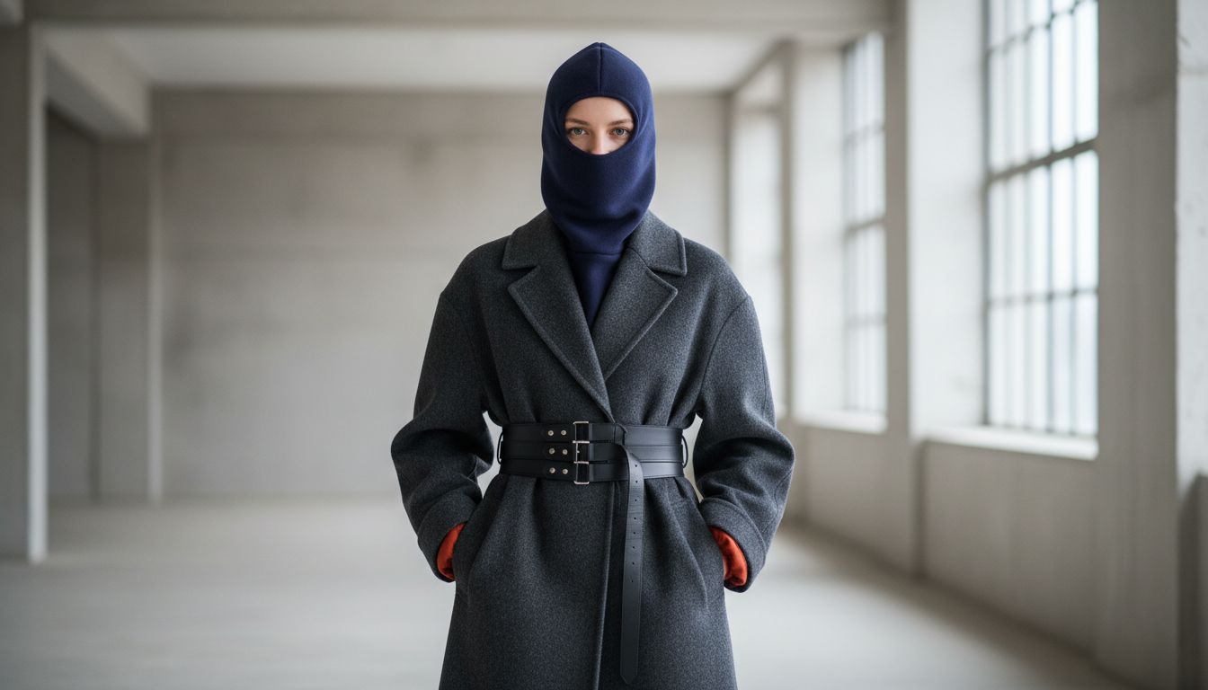 Фэшн-съемка, где флисовая балаклава Индиго сочетается с графитовым оверсайз-пальто и кожаным поясом-портупеей. Виден небольшой акцент оранжево-красного цвета на манжетах.
