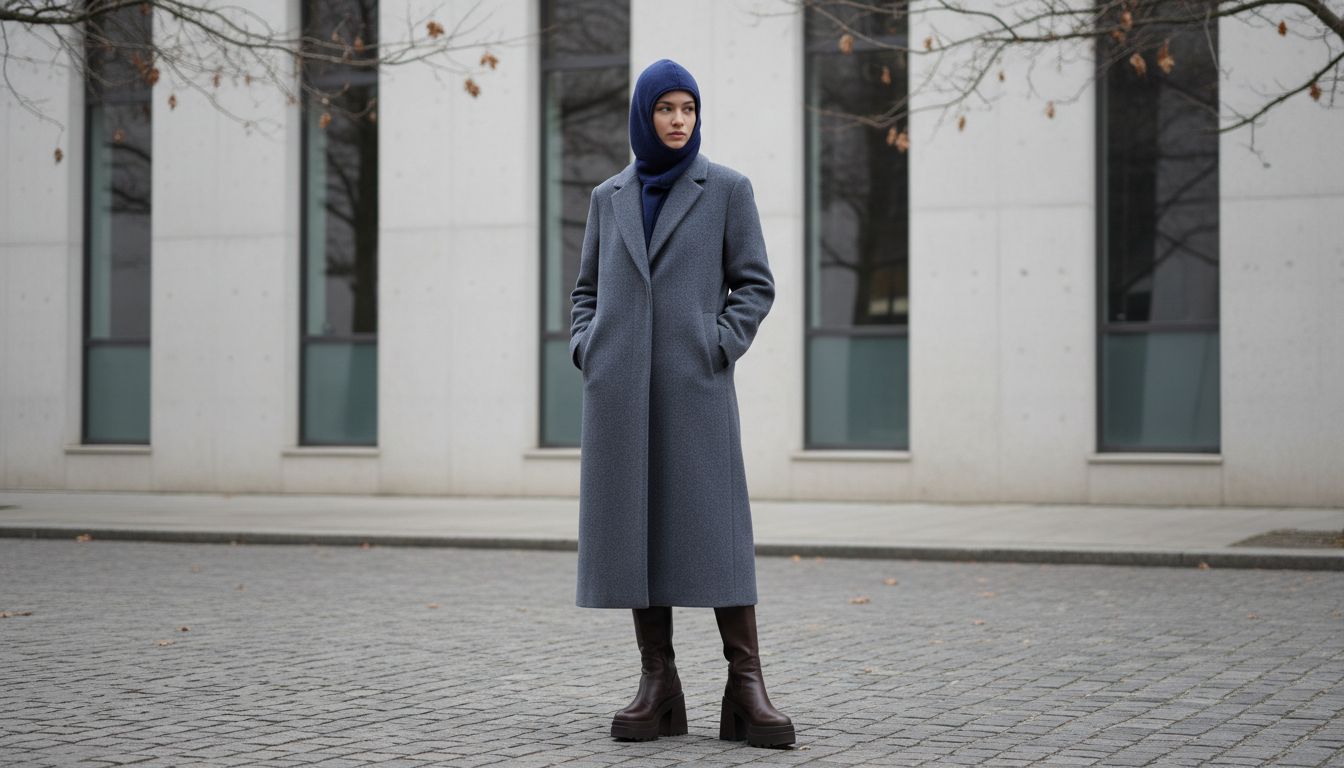 Стилизованный образ: Индиго флисовая балаклава, длинное серое шерстяное пальто и ботинки на массивной платформе (каблук-трапеция).