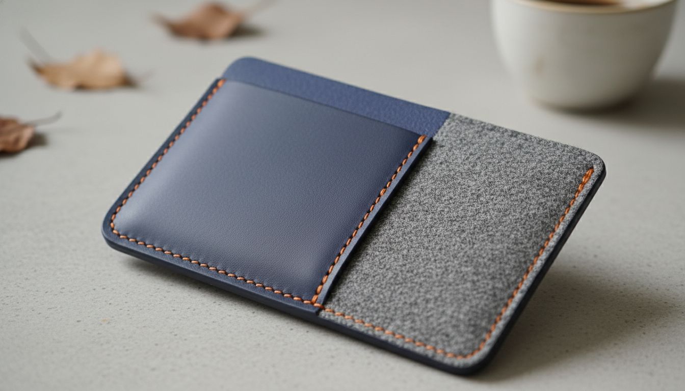 Деталь: Сочетание матового Индиго, серого меланжа и тонкого оранжевого шва на кожаном аксессуаре.