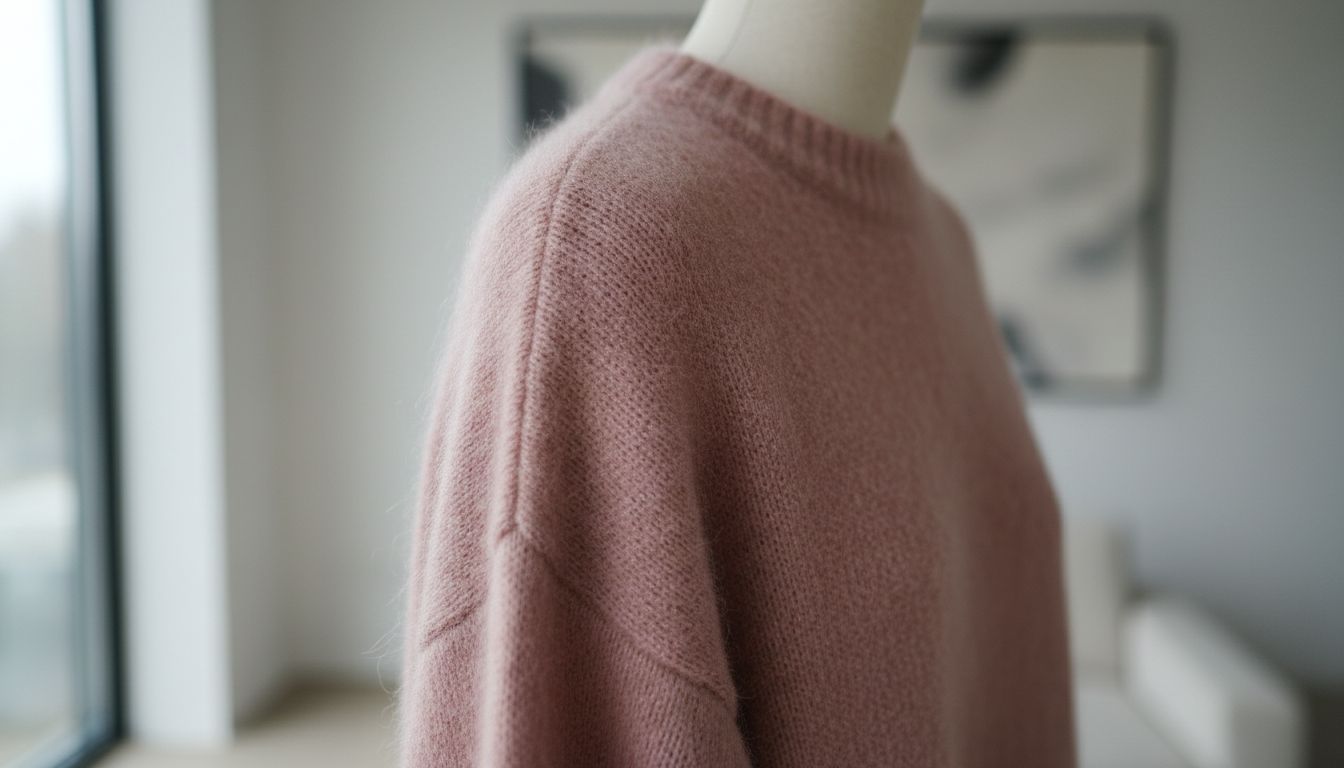 Крупный план текстуры плотного мохерового свитера с четко очерченной линией плеча.