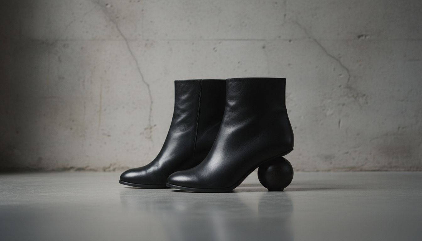 Ботильоны с каблуком-сферой, выполненным из матового черного дерева, на фоне бетонной стены.